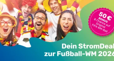Jubelnde Menschen zum Aktionsangebot der Stadtwerke Olching zur Fußball-WM 2026.