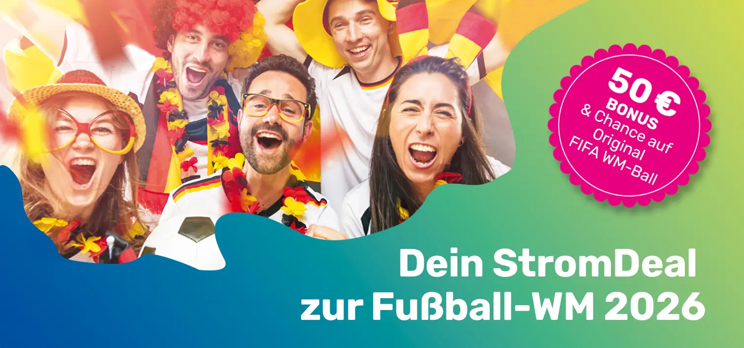 Jubelnde Menschen zum Aktionsangebot der Stadtwerke Olching zur Fußball-WM 2026.