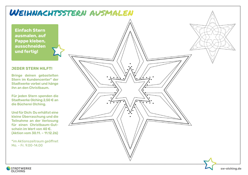 Malvorlage für Stern-Bastelaktion der Stadtwerke Olching zu Weihnachten 2026